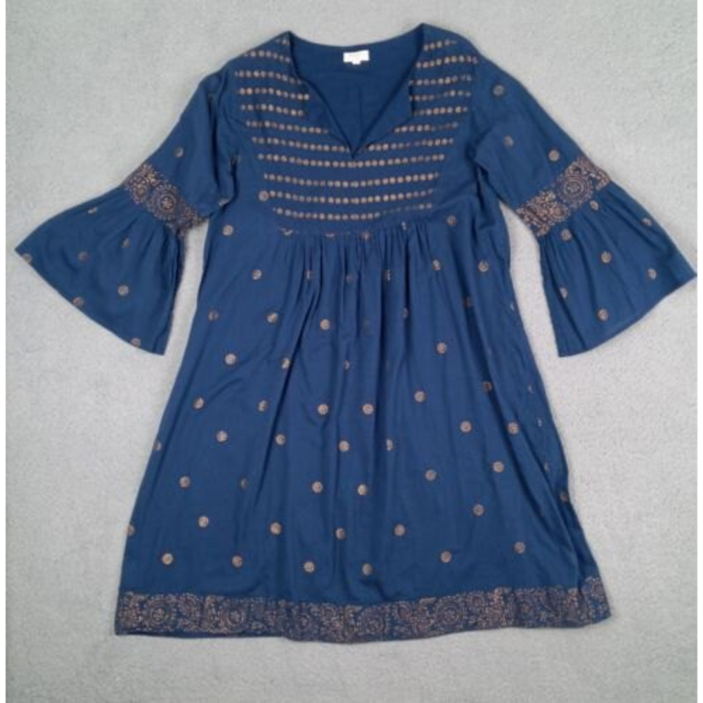 World Market Size L/XL Cotton Boho Floral Lined Lightweight Dress Bell Sleeves